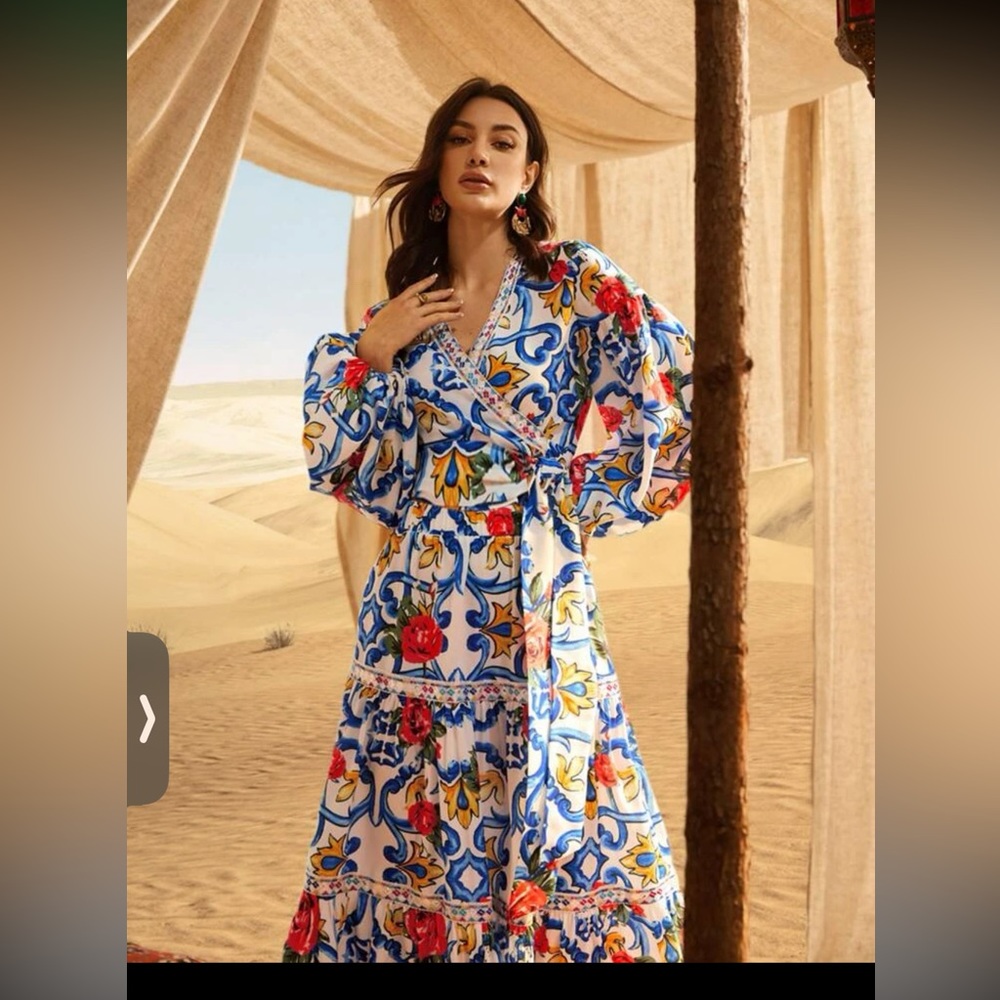 Floral Print Tape Detail Wrap Belted Blouse and Floral skirt set